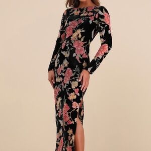 Glorious Aura Black Velvet Floral Burnout Long Sleeve Maxi Dress